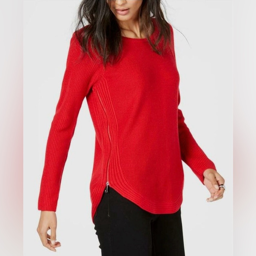 INC Crewneck Waffle Knit Tunic Sweater with Side Zipper in Red Women's Large